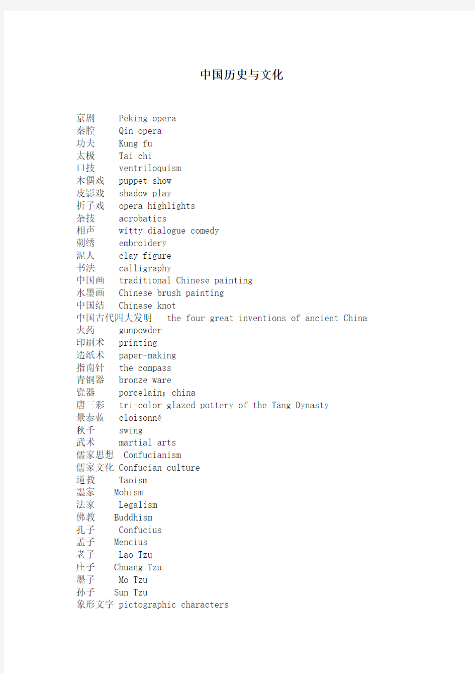 大学英语四级考试新题型-汉译英(中国历史与文化.社会、经济参考词汇)