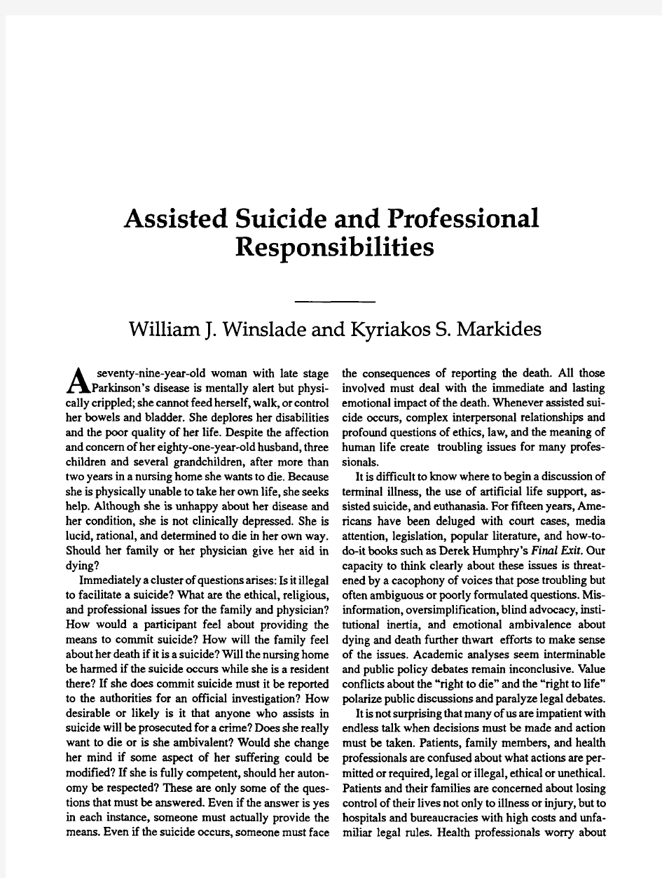 Assisted Suicide and Professional