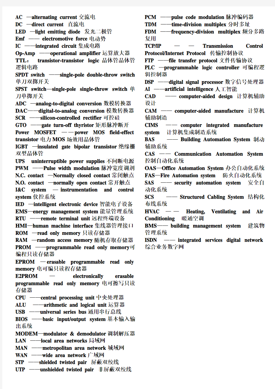 电气专业英语缩略词