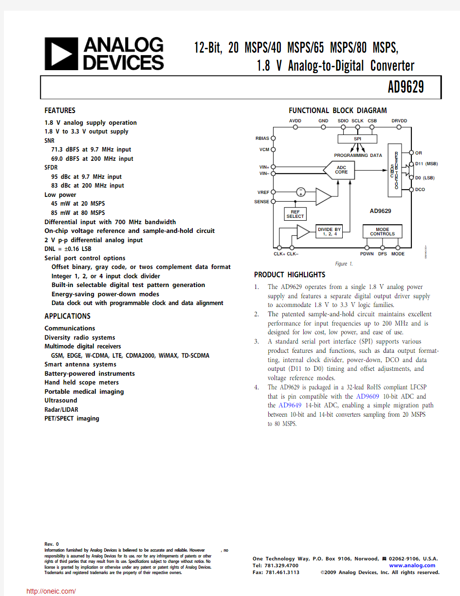 AD9629BCPZRL7-20;AD9629BCPZRL7-40;AD9629BCPZ-20;AD9629BCPZ-40;中文规格书,Datasheet资料