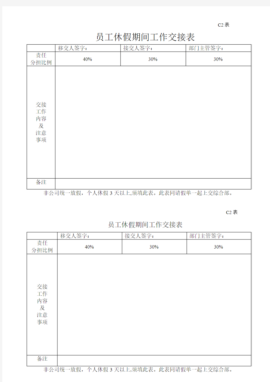 休假期间工作交接表