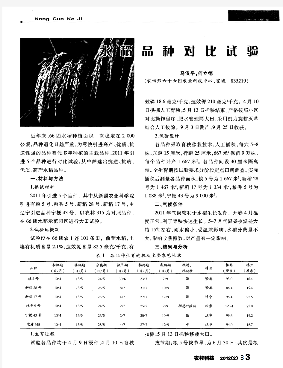 水稻品种对比试验