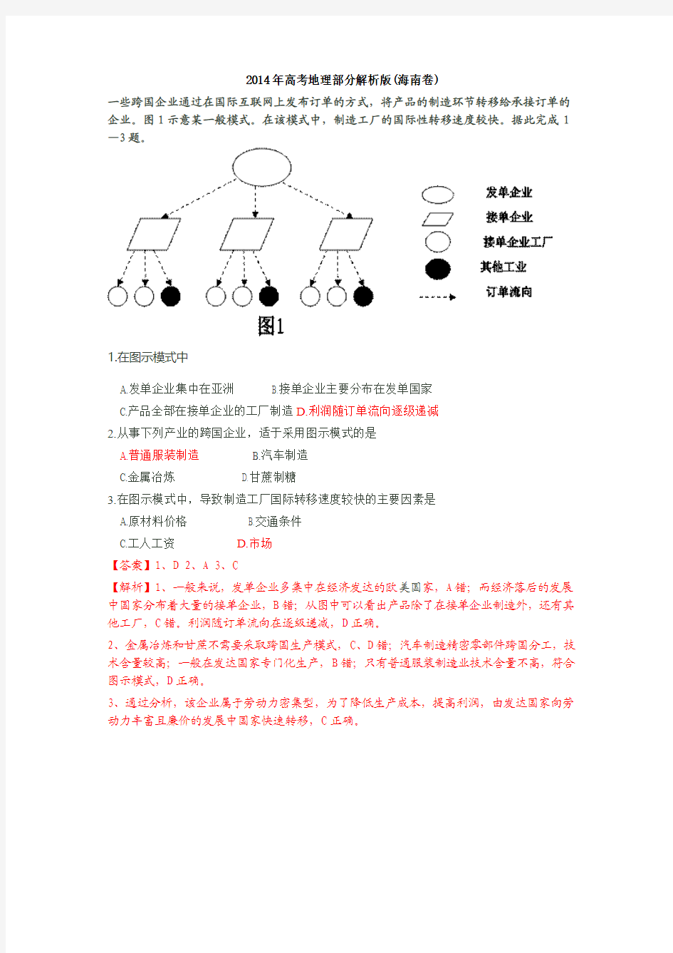 2014年高考地理部分解析版(海南卷)