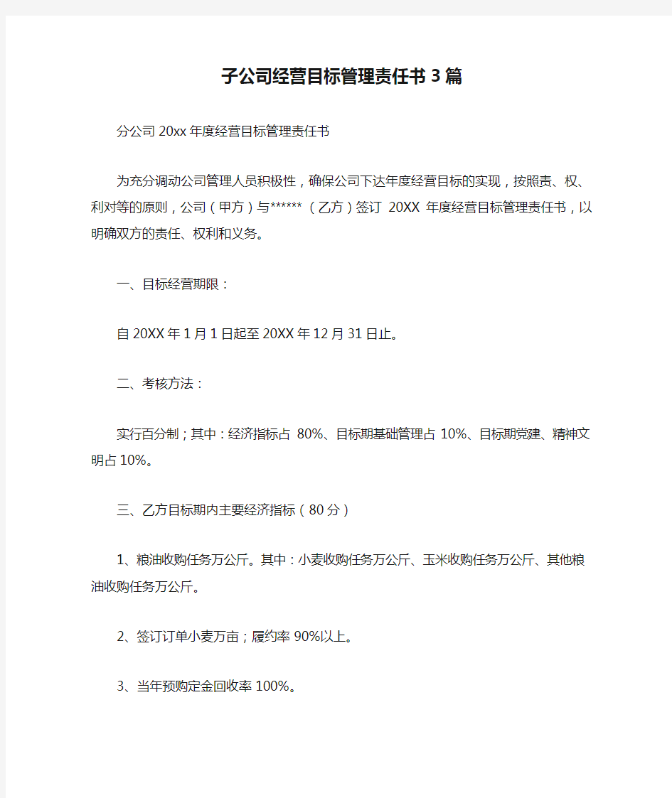 子公司经营目标管理责任书3篇