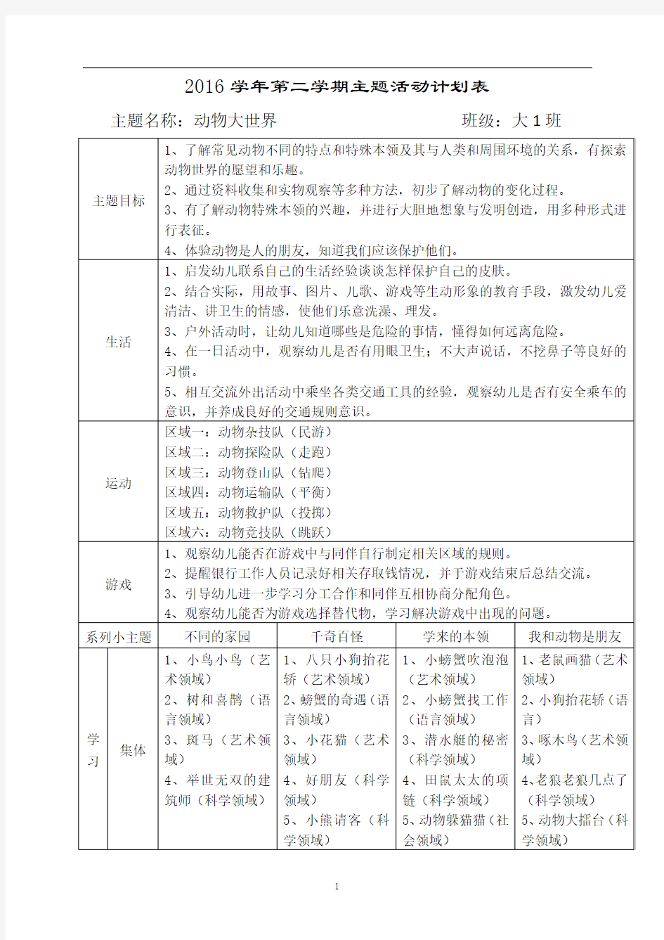 幼儿园大班动物大世界主题教学计划