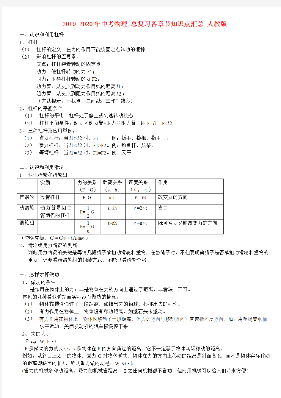 2019-2020年中考物理 总复习各章节知识点汇总 人教版