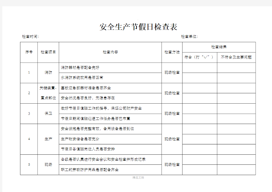 安全生产节假日检查表