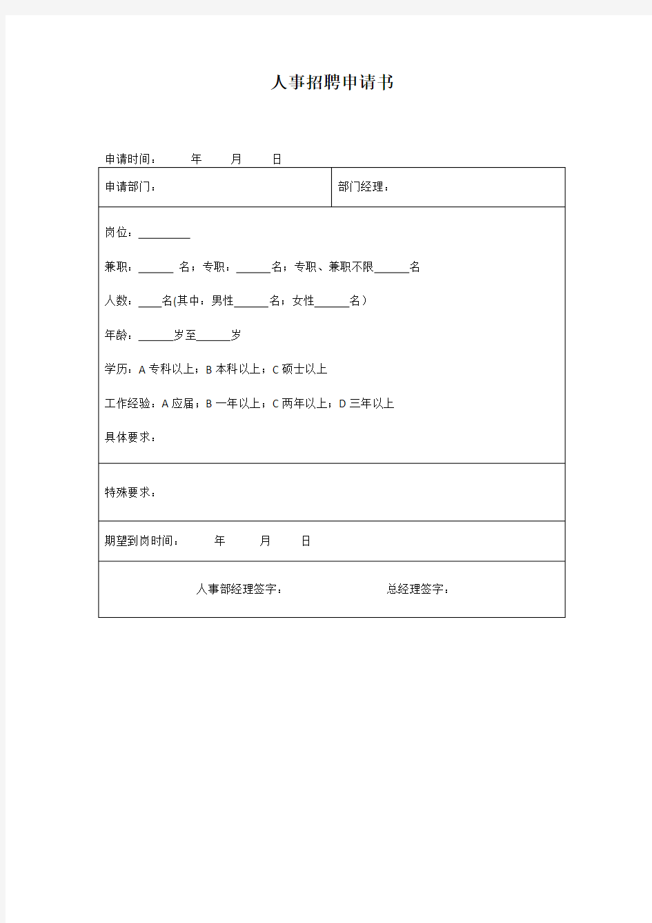 人事招聘申请书