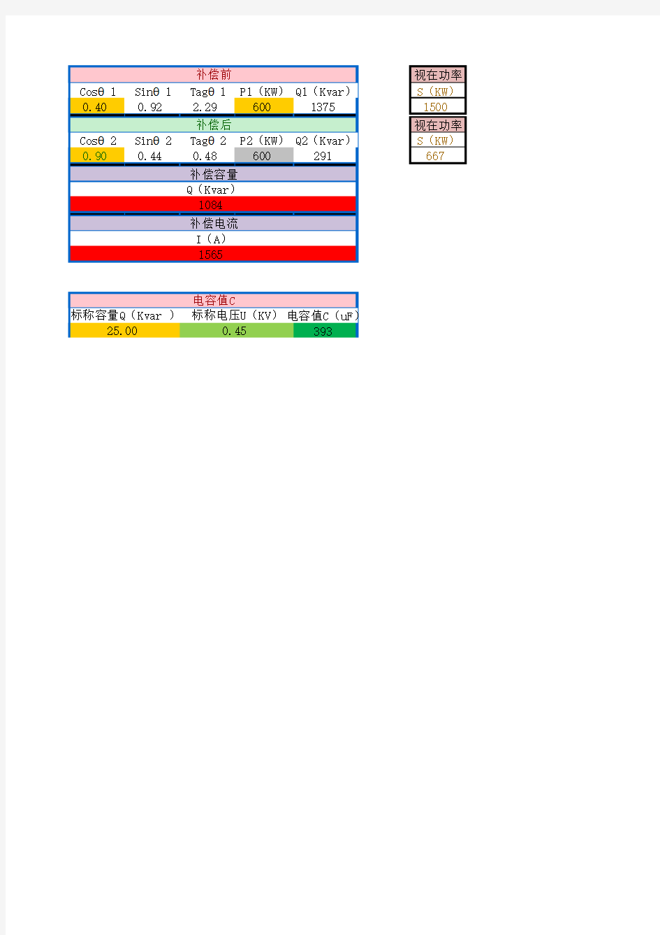 无功补偿功率因数计算表