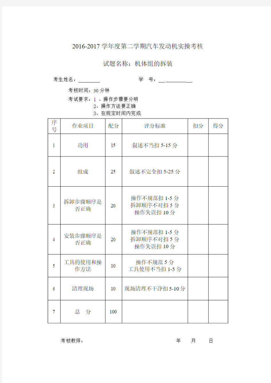 汽车发动机拆装实操考核(机体组的拆装)