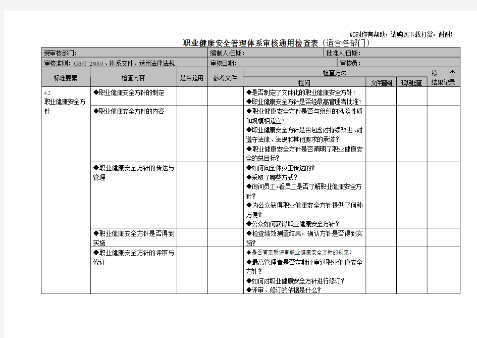 职业健康安全管理体系审核检查表