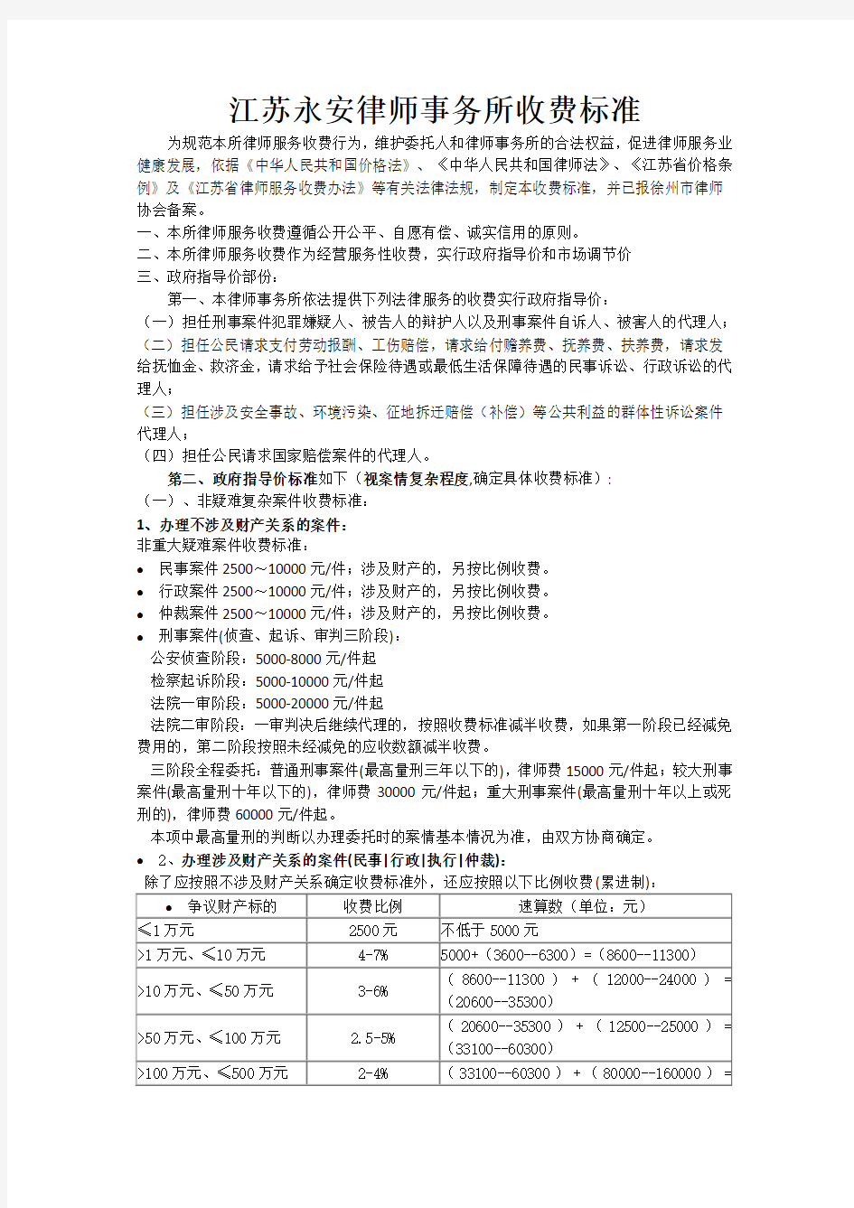 2017江苏省律师事务所收费标准