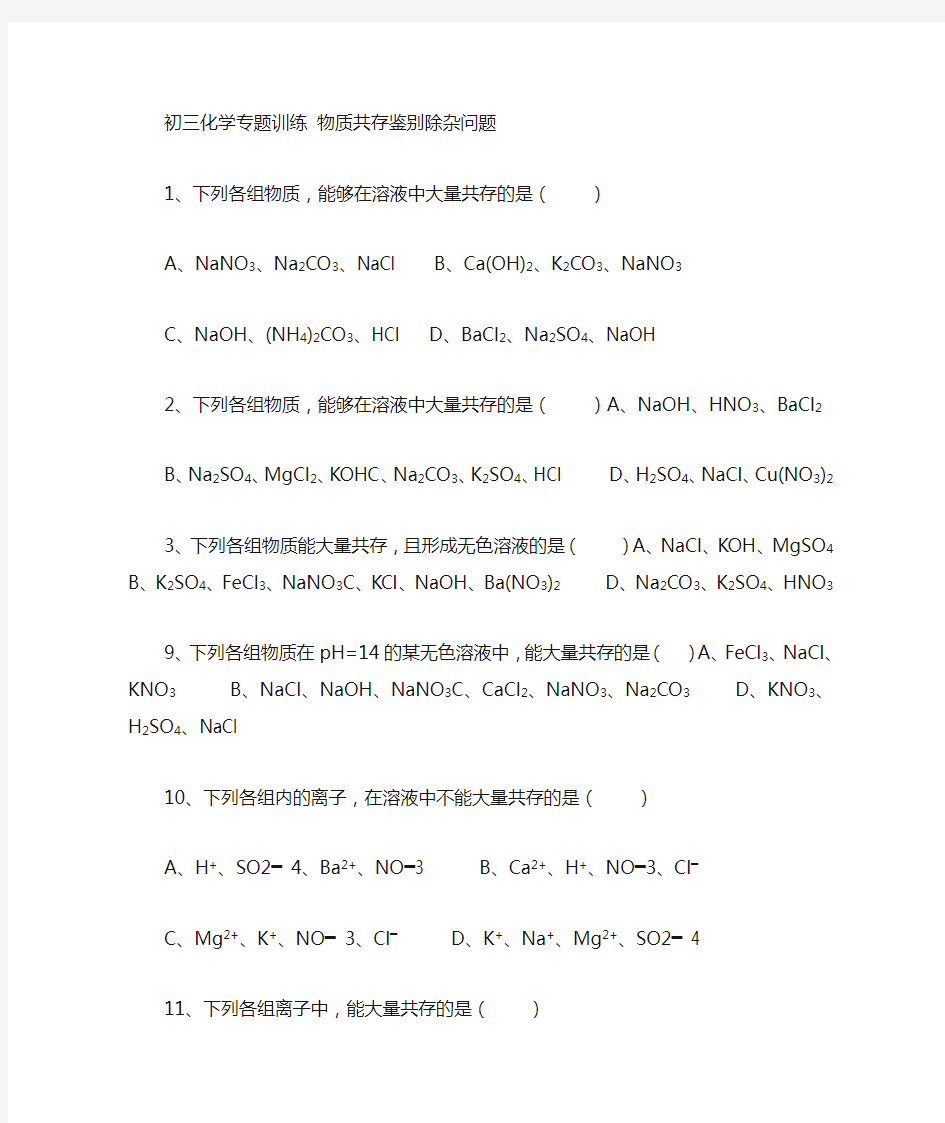 初三化学专题训练物质共存鉴别除杂问题