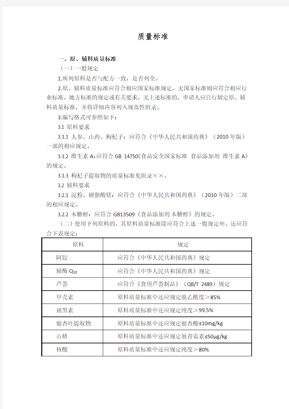 保健食品质量标准要点