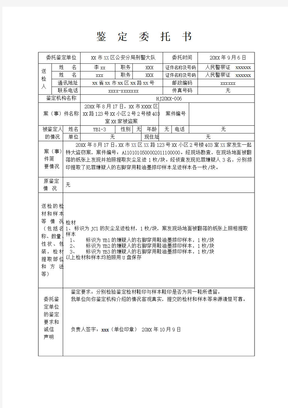 足迹刑事痕迹鉴定委托事项确认书模板