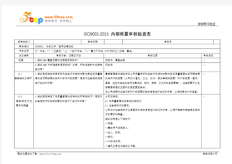 ISO9001内部质量审核检查表范例完整版