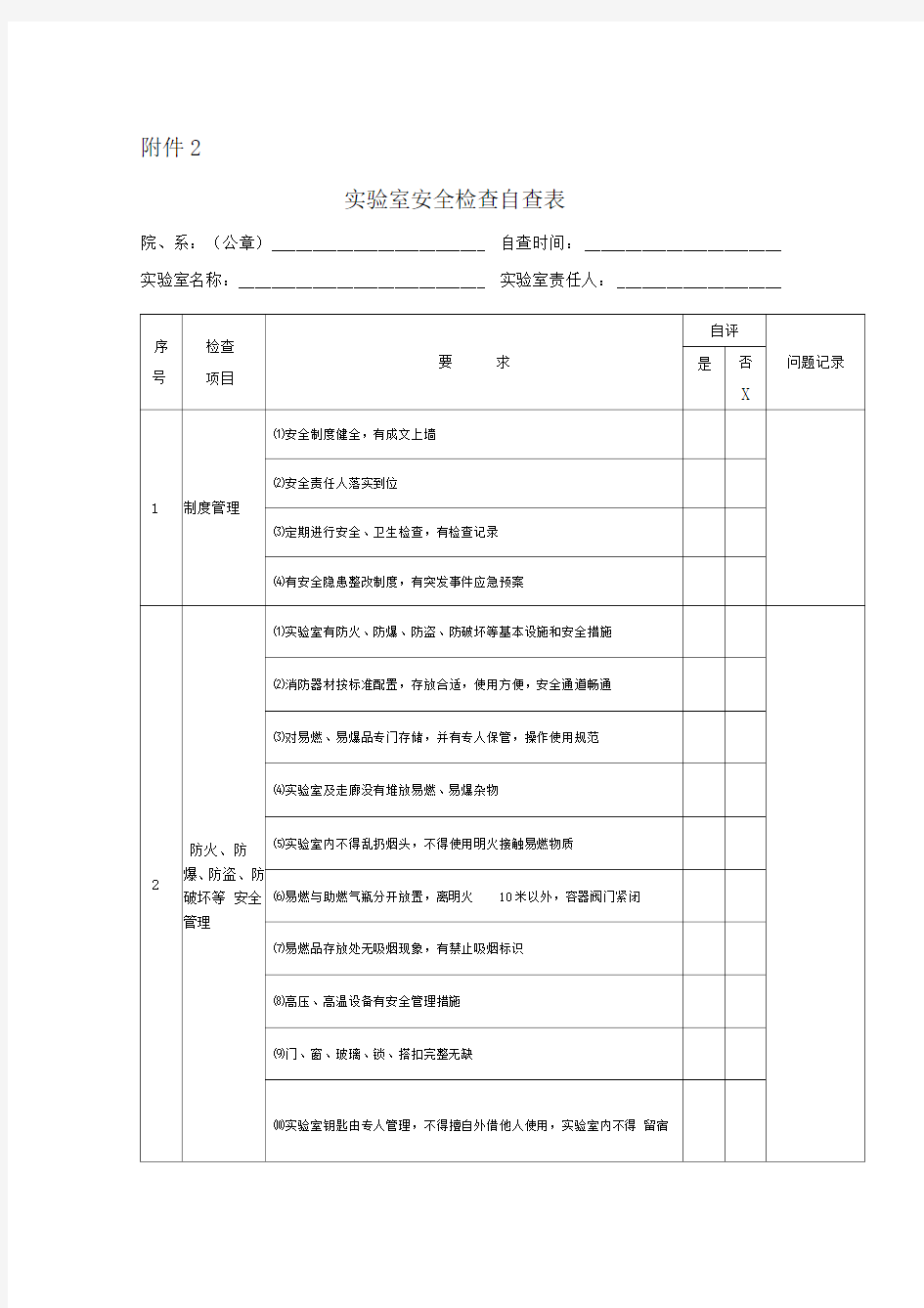 实验室安全检查自查表