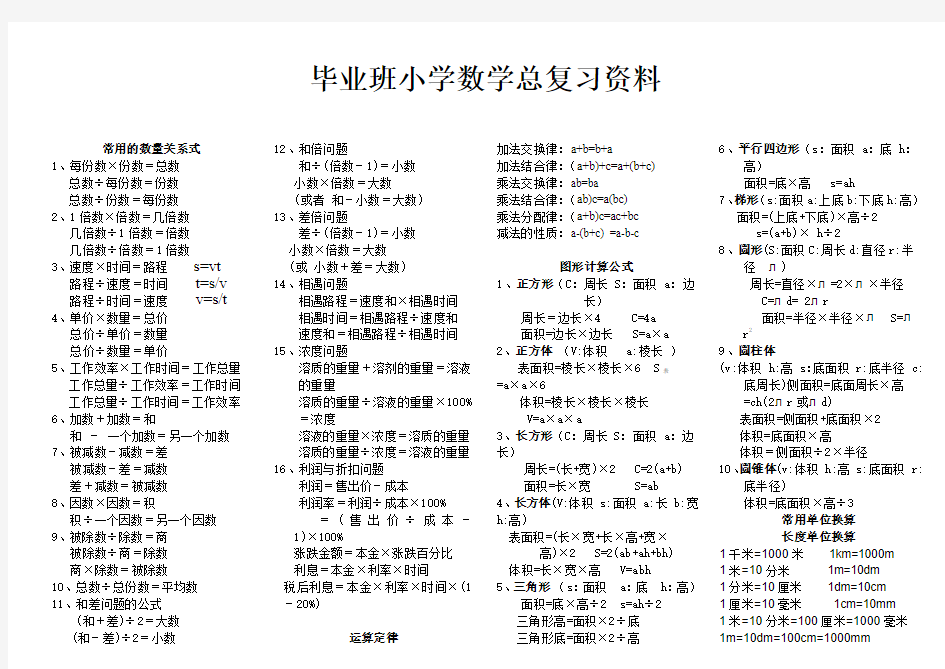 小学六年级数学毕业班总复习资料汇总