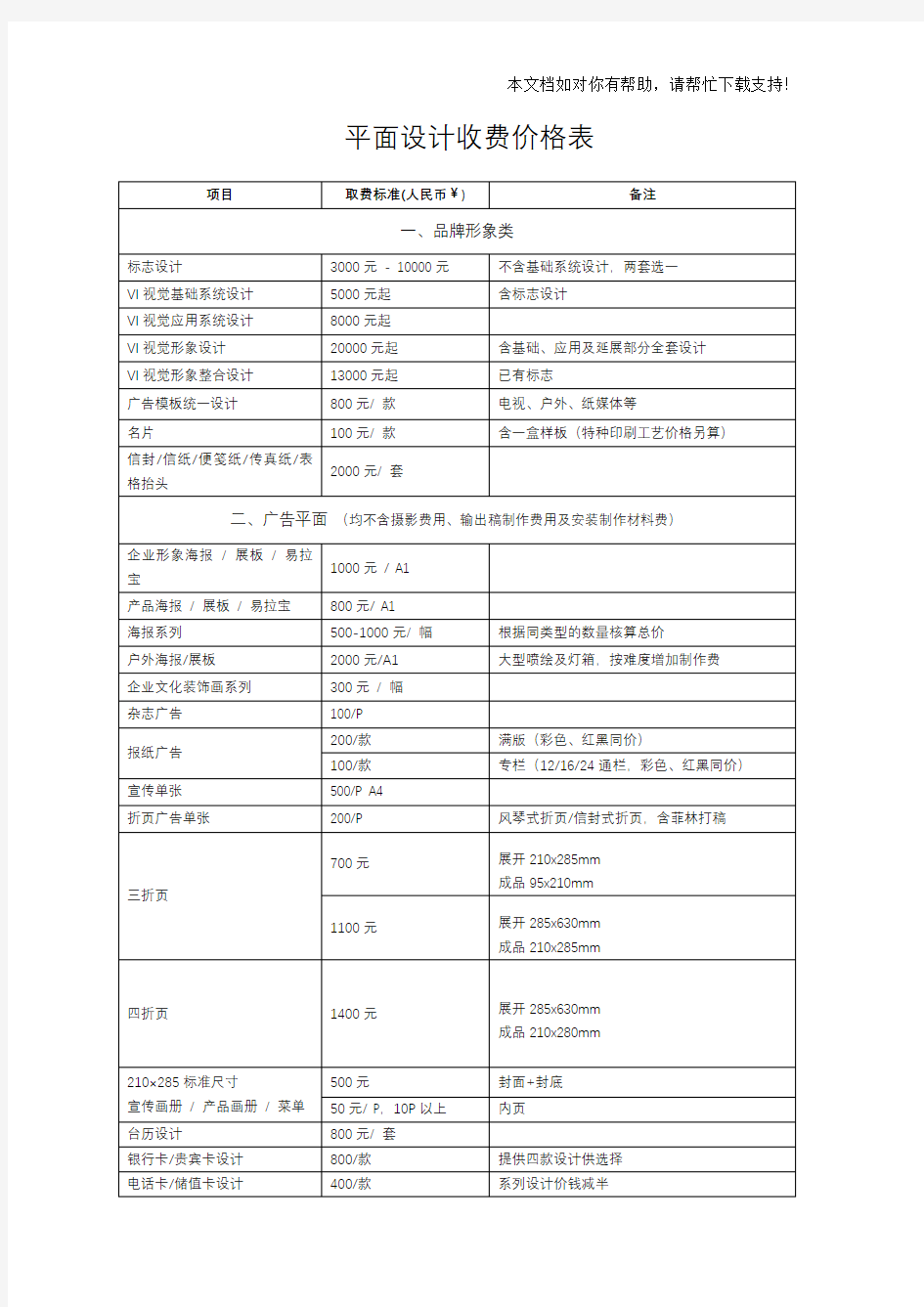 最完整平面设计费价目表50125