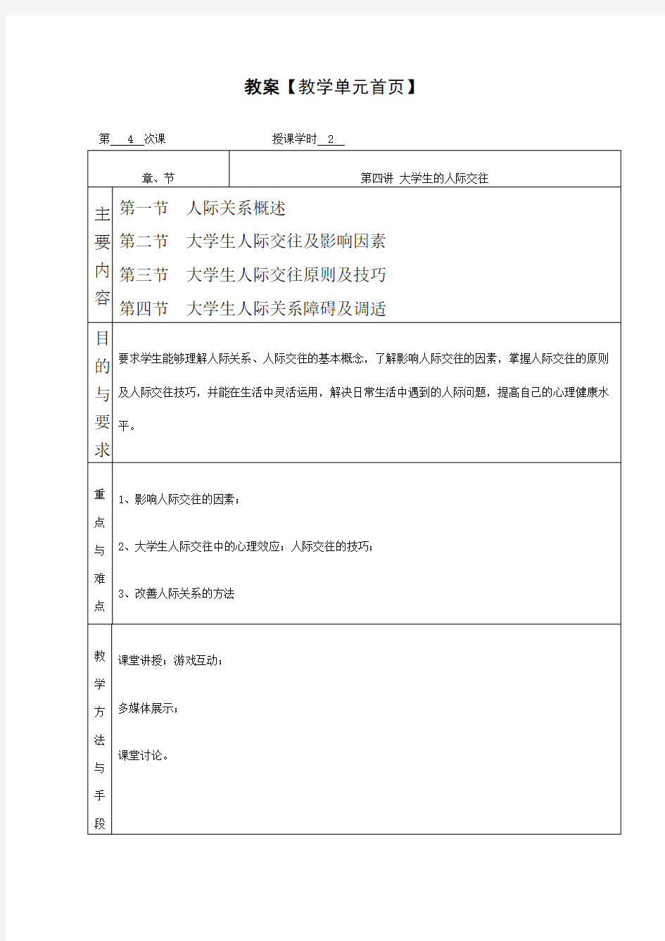 自助与成长——大学生心理健康教育之第四讲 人际关系教案