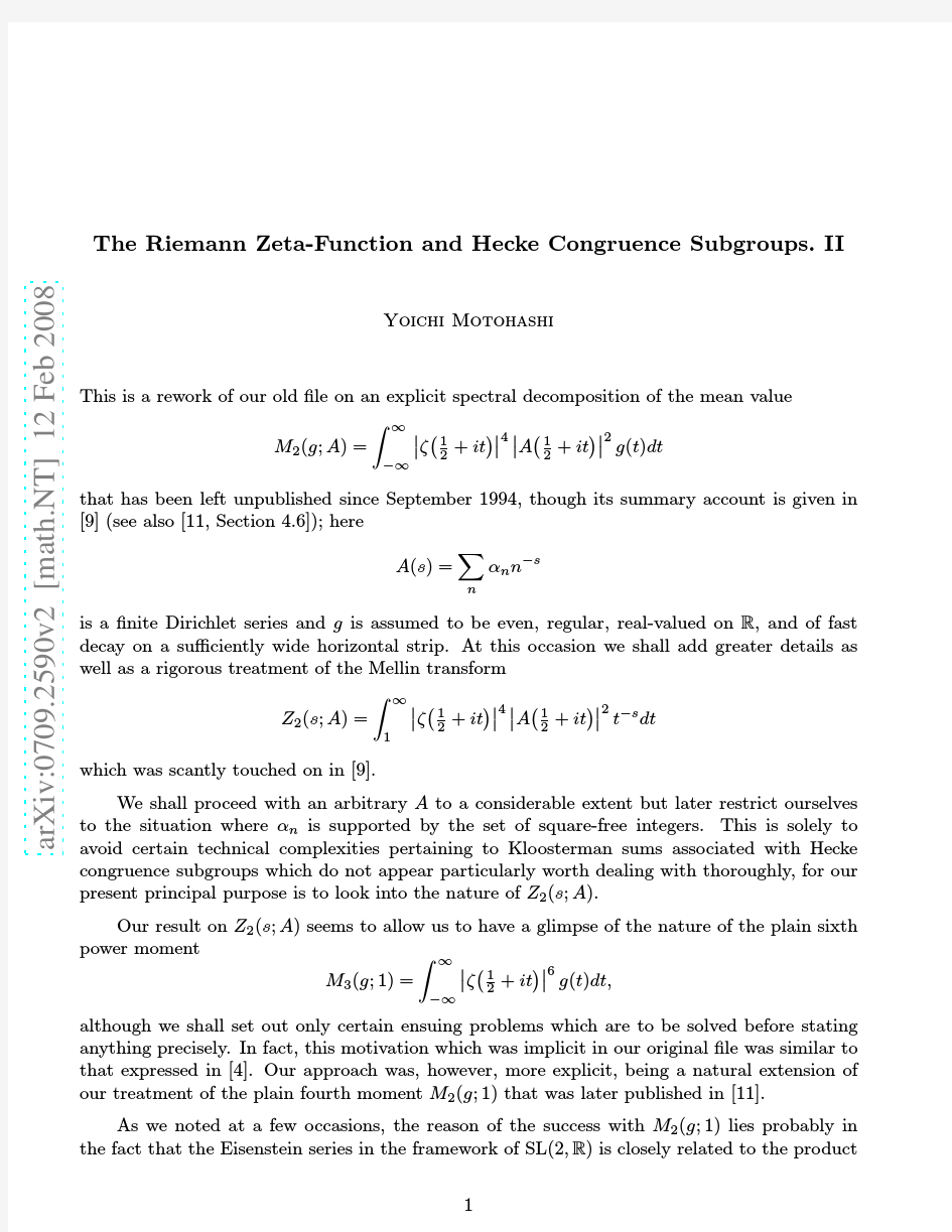 The Riemann Zeta-Function and Hecke Congruence Subgroups. II