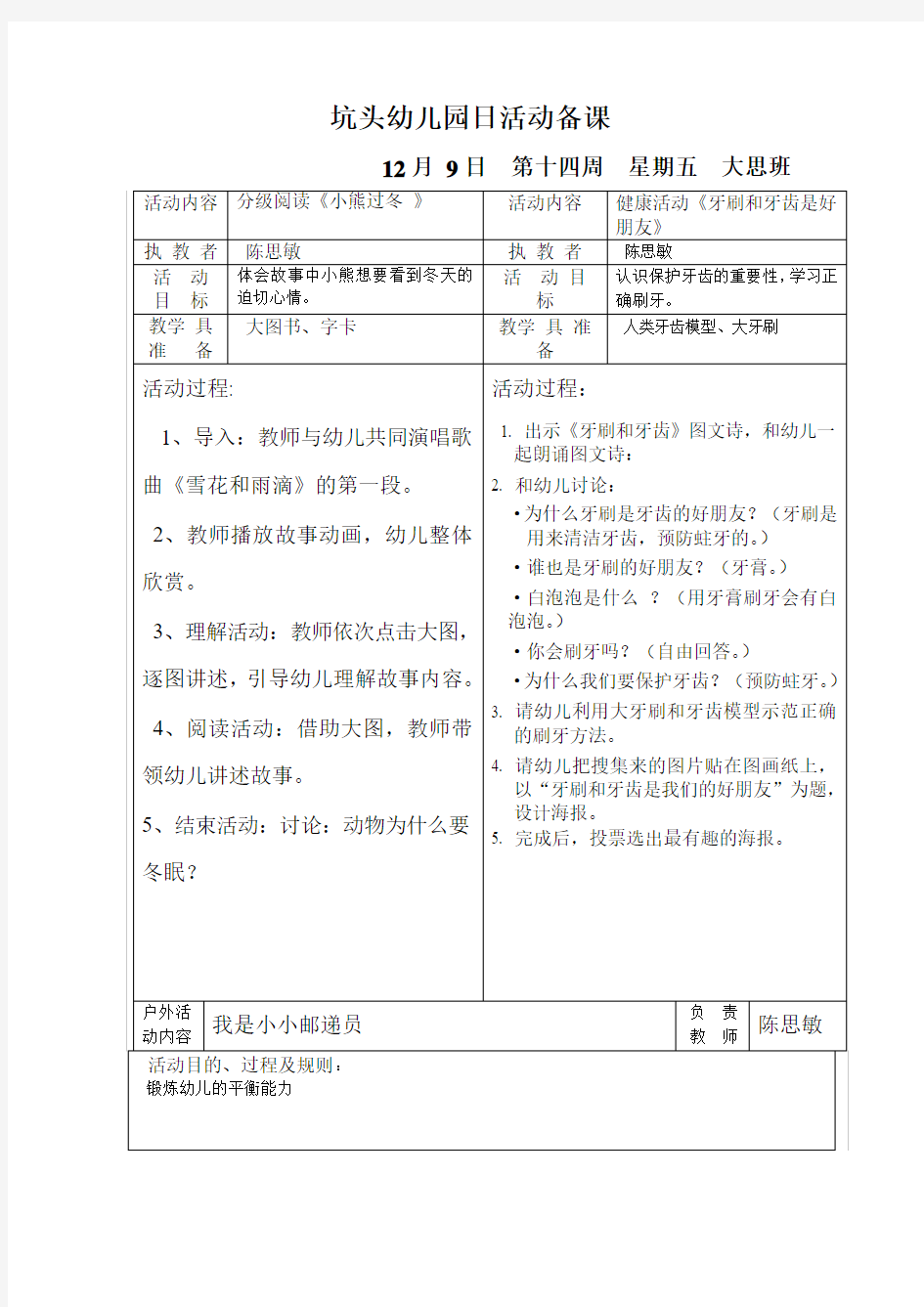 坑头幼儿园2011学年第一学期大七班备课,第14周星期5