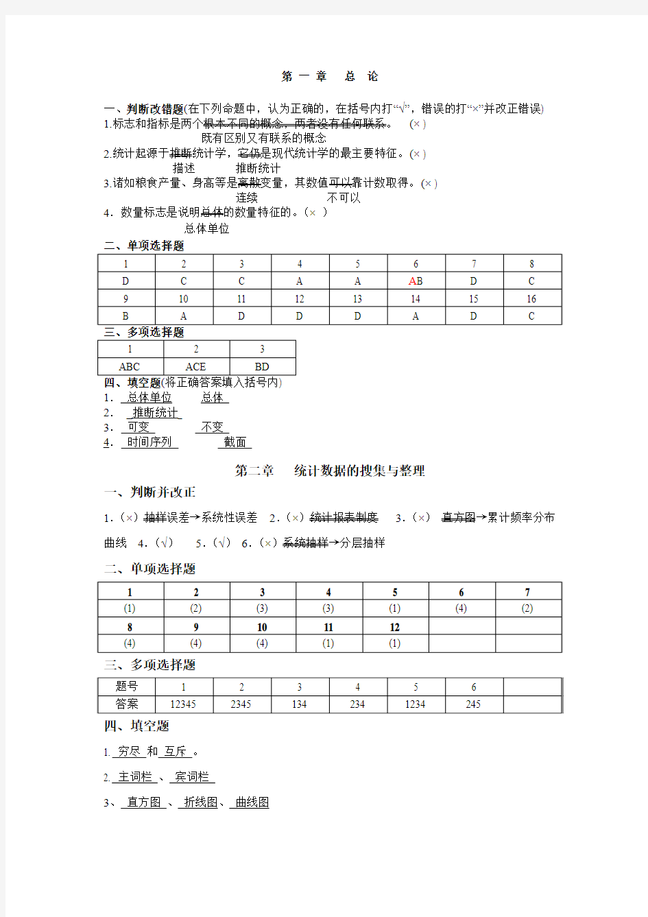 财本统计学原理练习册答案(全)