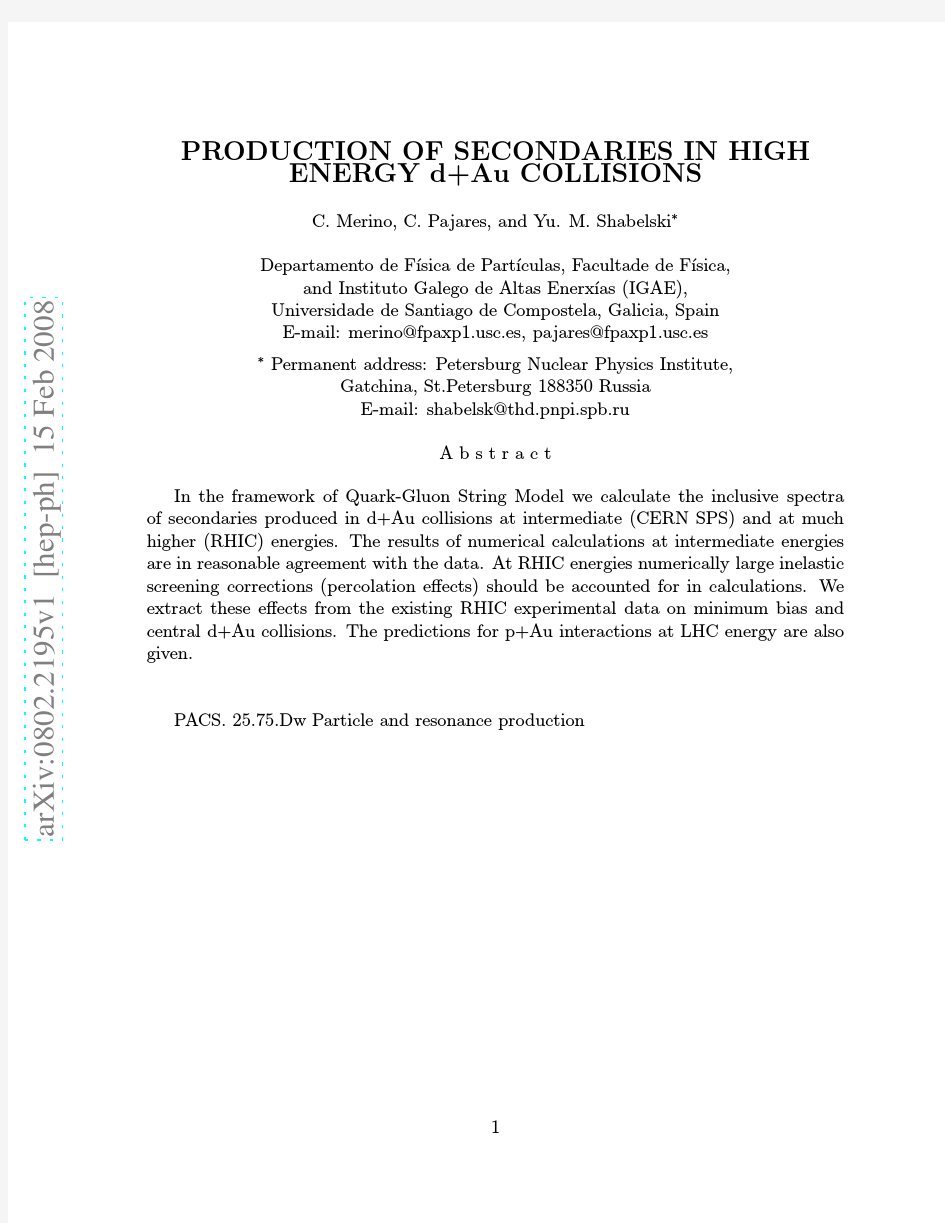 Production of Secondaries in High Energy d+Au Collisions