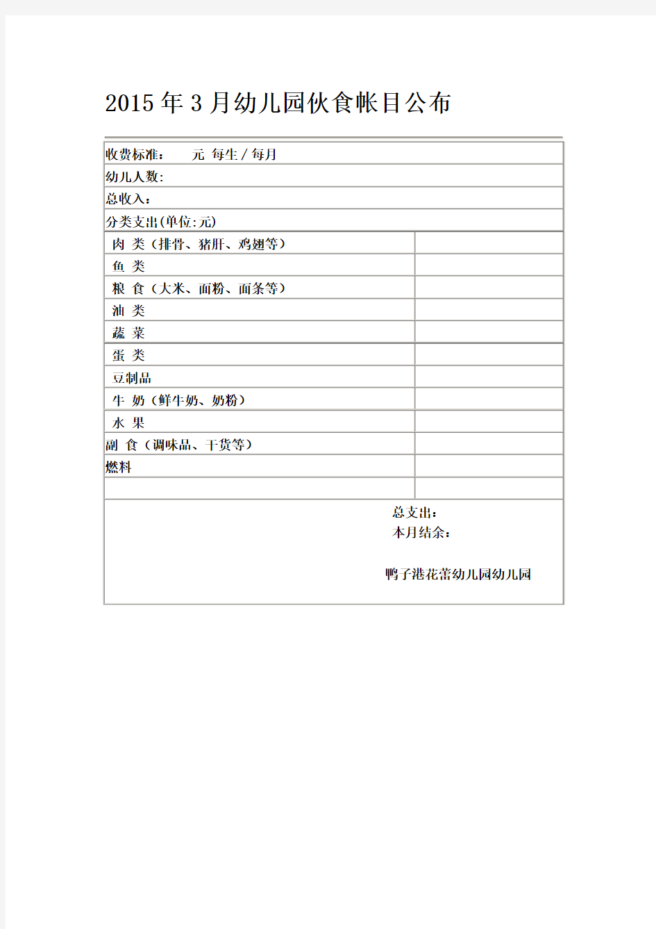 幼儿园伙食帐目公布表