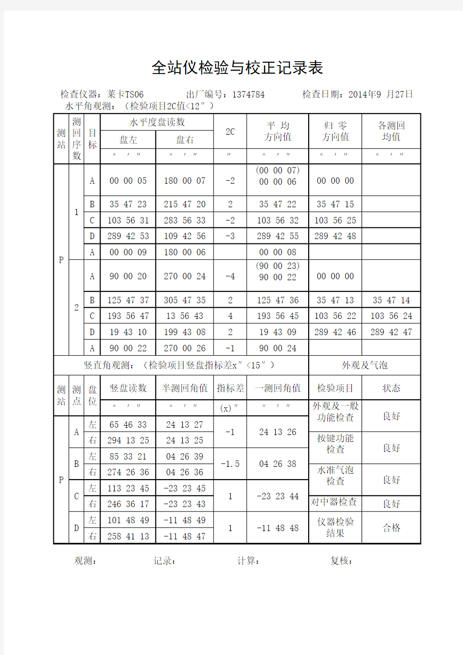 测量仪器自检记录表(全站仪)