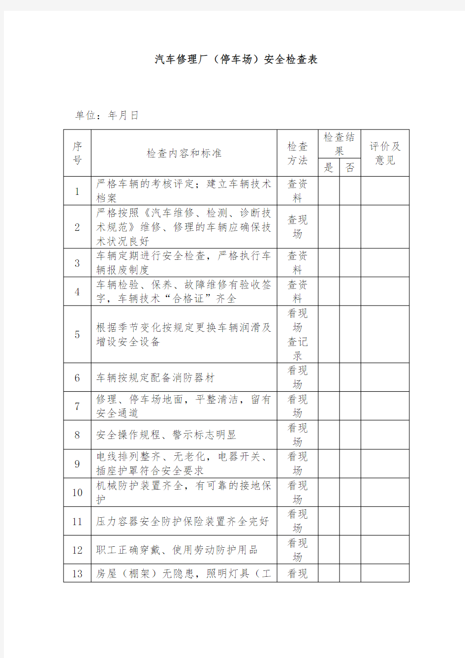 汽车修理厂(停车场)安全检查表