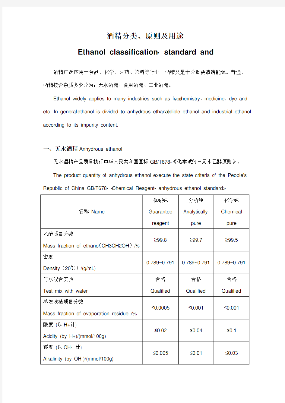 酒精分类标准及用途样本