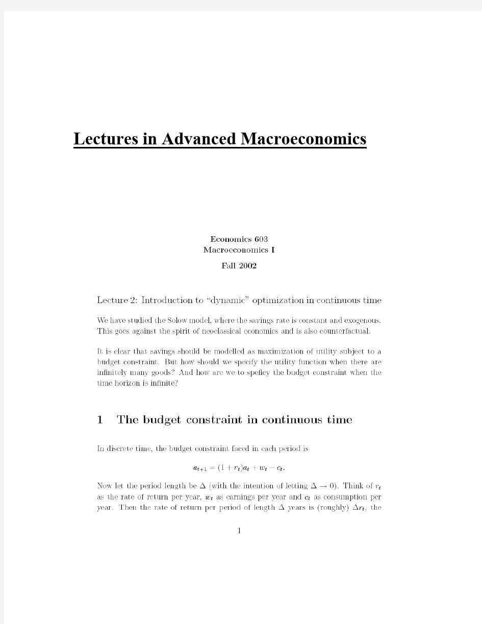 【高级宏观经济学讲义英文原版()】Lecture 2 Introduction to dynamic optimization in continuous time