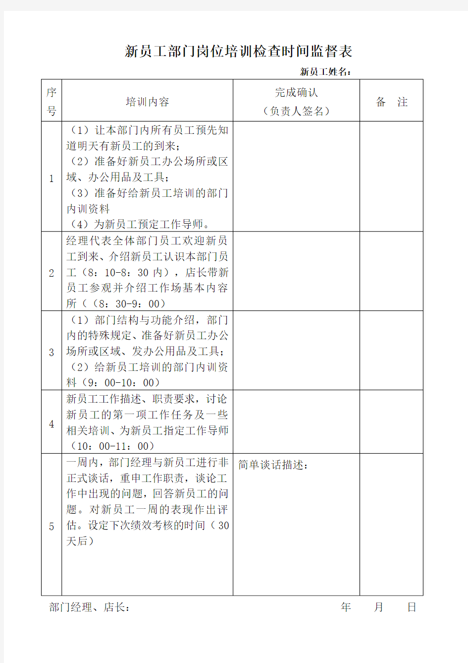 新员工试工反馈表