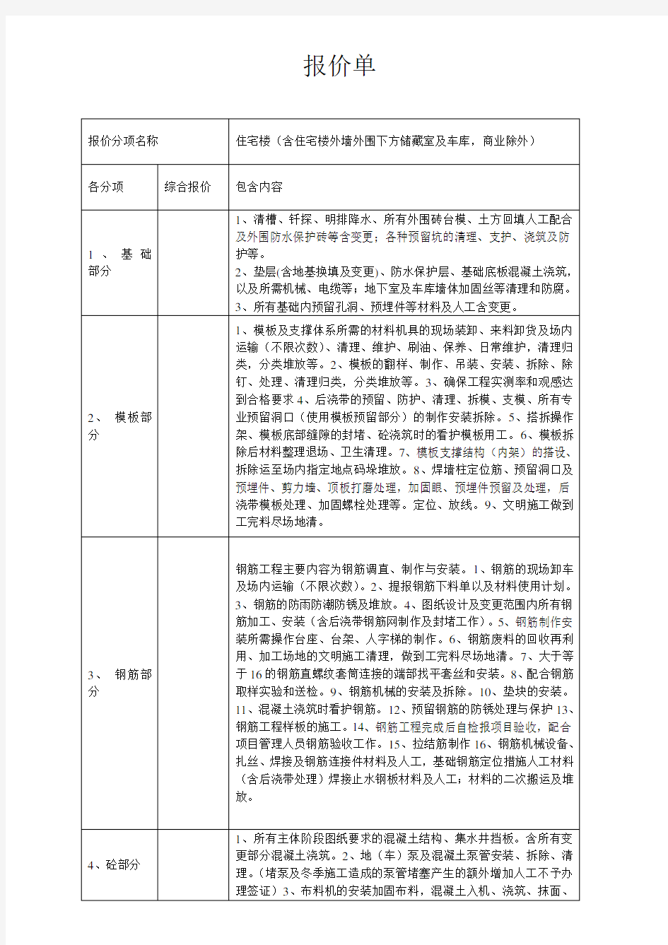 建筑工程劳务大包报价单 