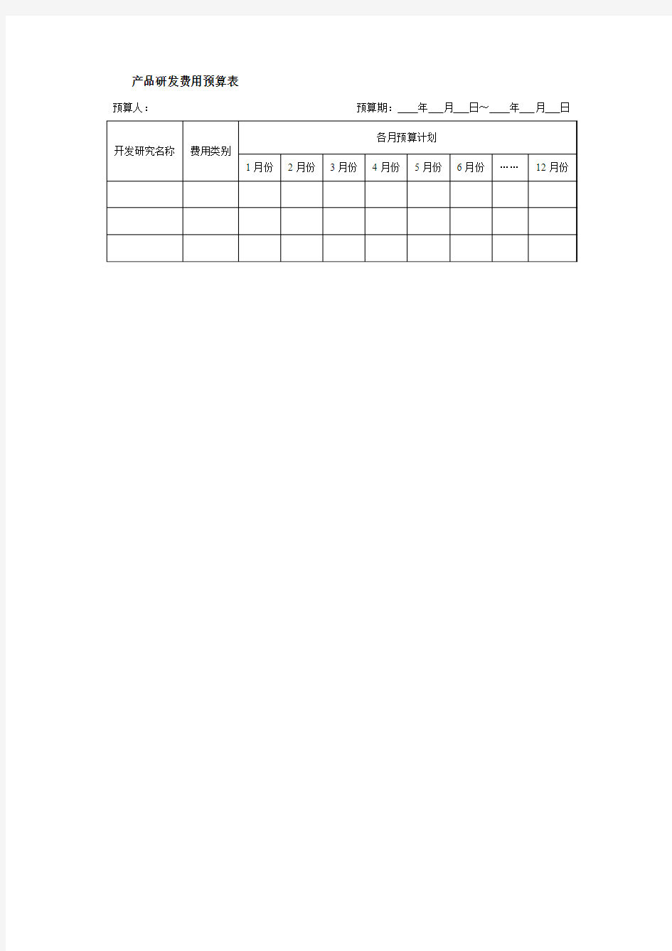 产品研发费用预算表