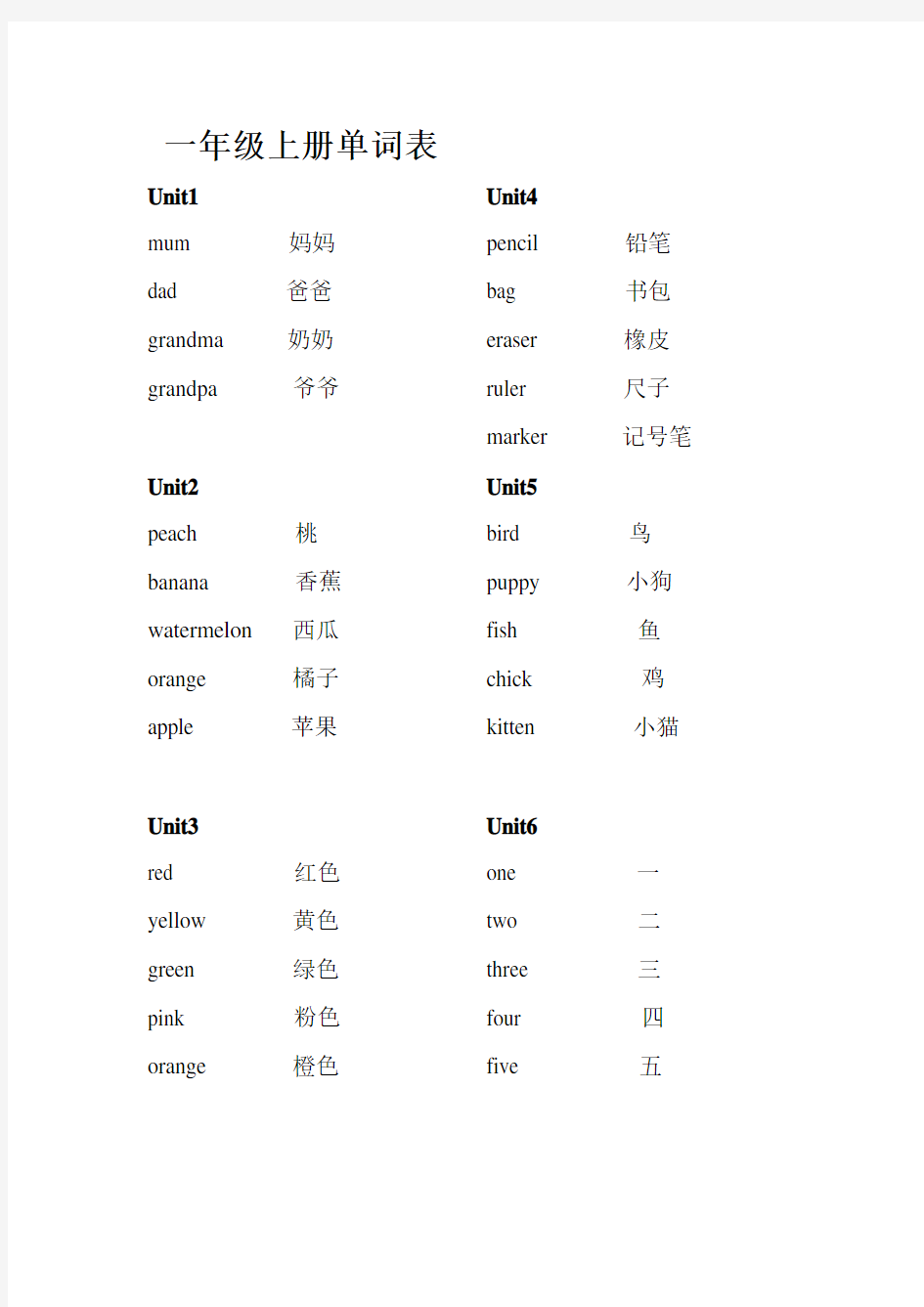 新蕾出版社快乐英语第一册单词表