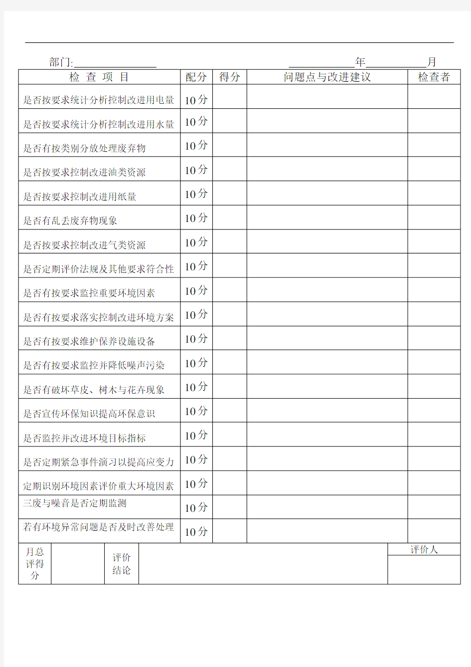 环境运行状况检查表