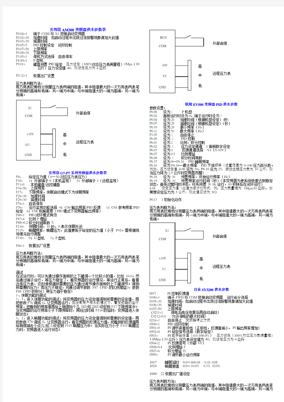 恒压供水参数设置以及远传压力表接线