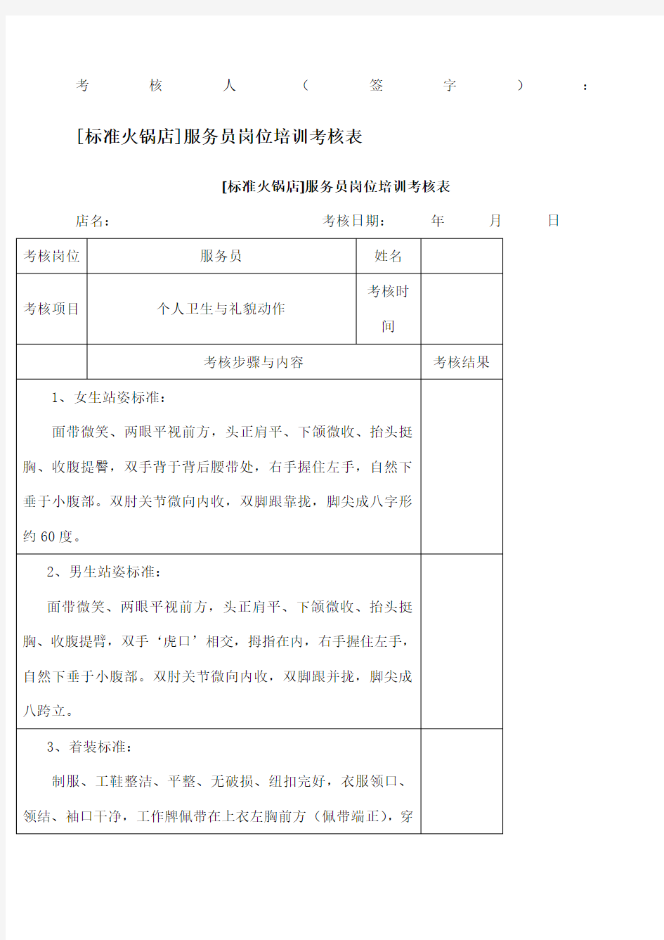 标准火锅店常用表格