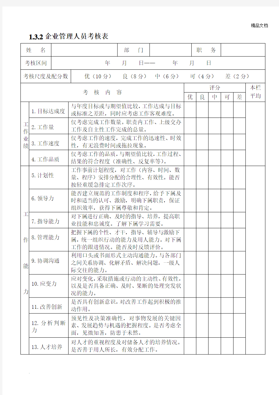 企业管理人员考核表