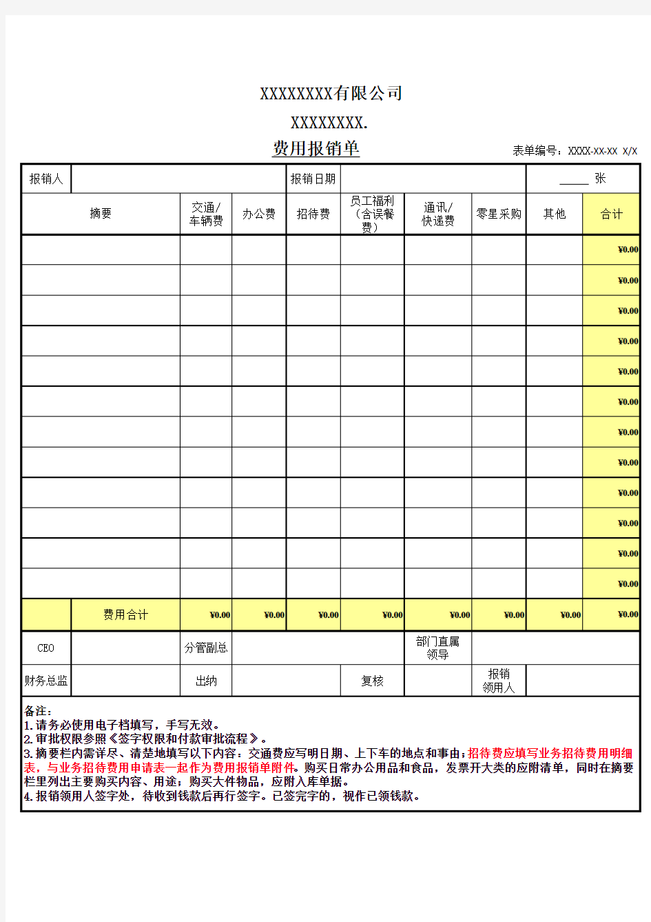 费用报销单模板