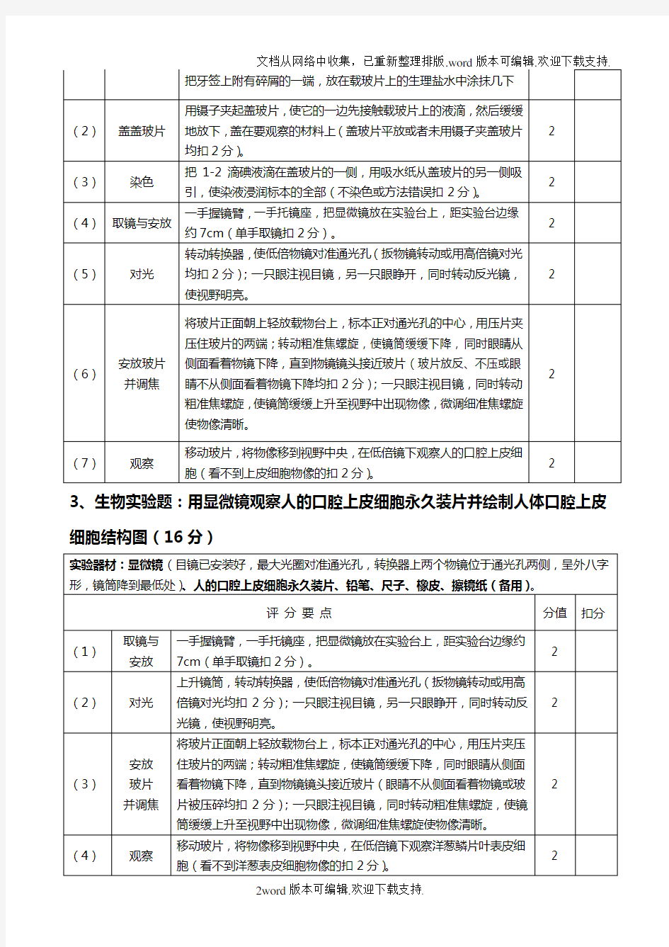 2020年河南省中招理化生实验操作考试参考评分标准生物部分