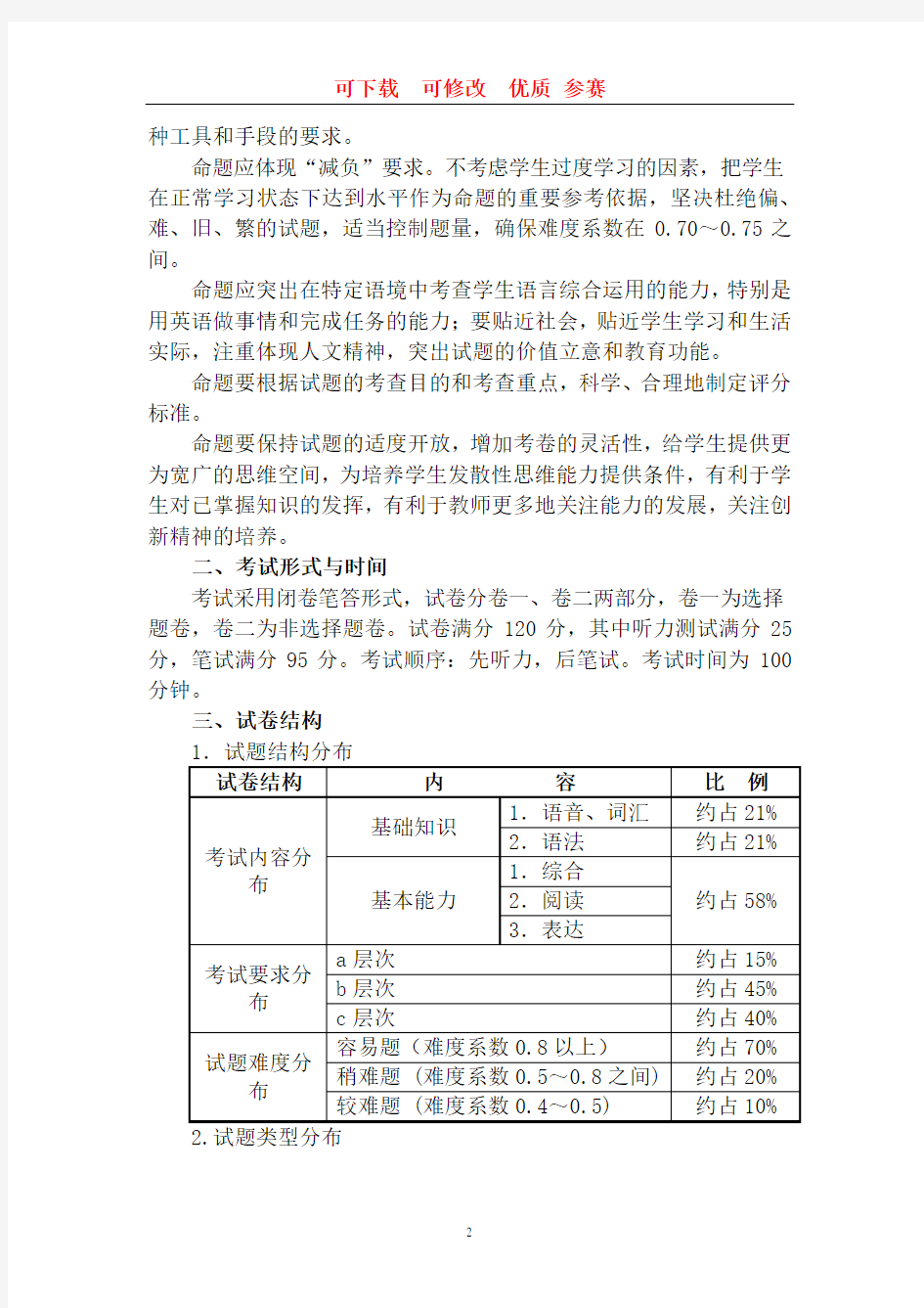 浙江省中考英语考纲  可下载  优质 参赛 文档