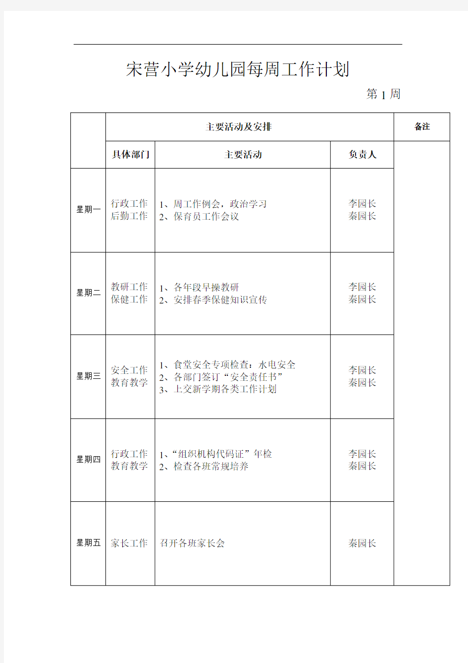 XX幼儿园周工作计划