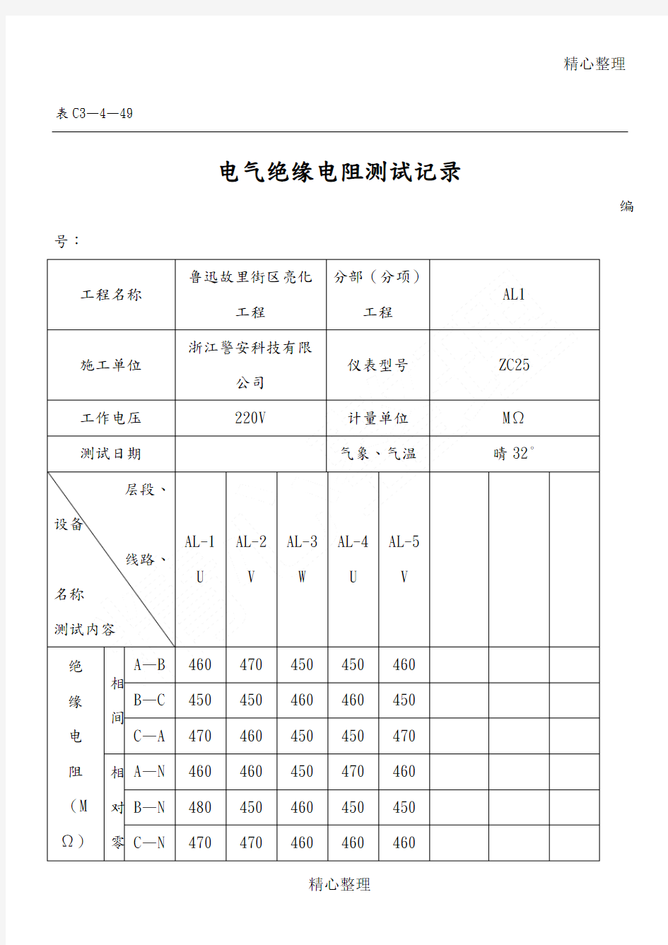 电气绝缘电阻测试记录文本