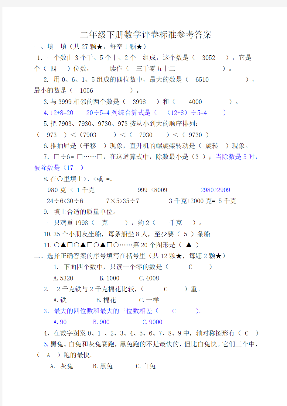 人教版二年级下册数学期末试卷2017