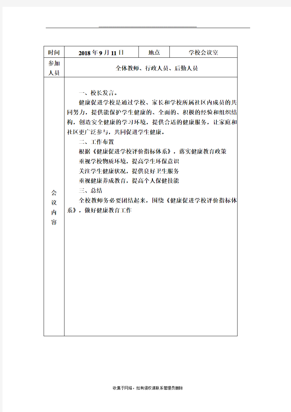 最新创建健康促进学校会议记录