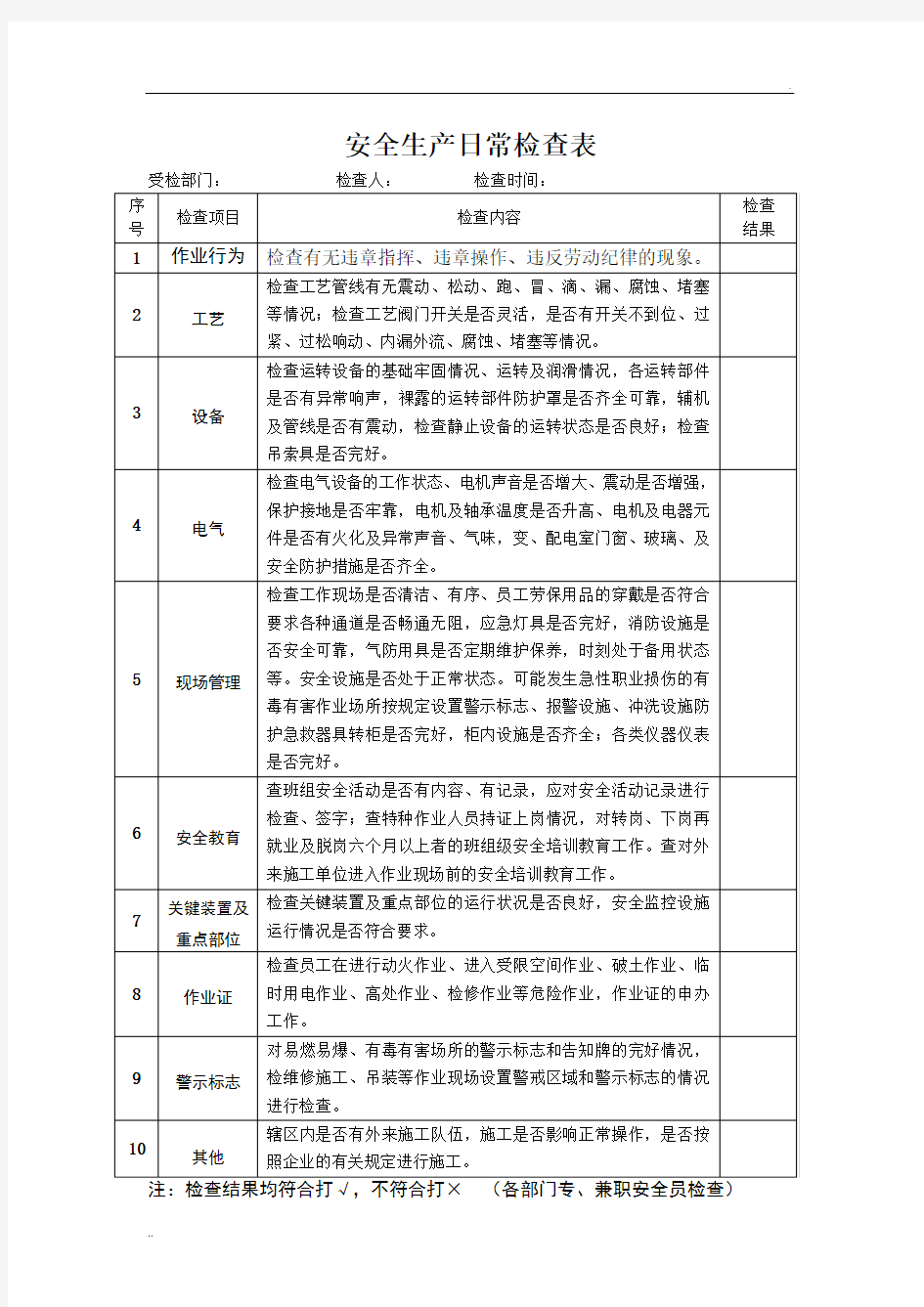 安全员日常检查表