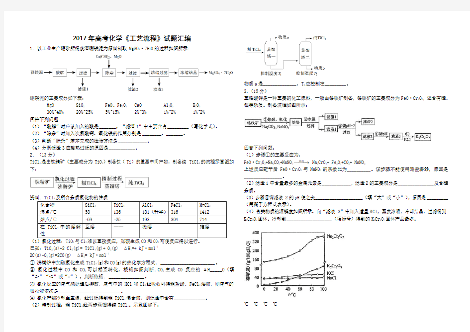 2019年高考化学工艺流程试题汇编